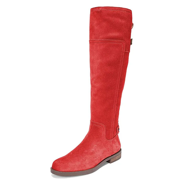 Red Vegan Suede Round Toe Knee-high Flat Boots for Women |FSJ Shoes