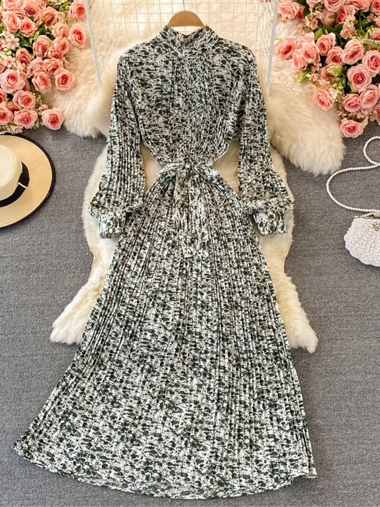 Uveng New Women French Loose Pleated Printed Long Dress Elegant Long Sleeve A-line Lady Clothes Autumn Female Maxi Dress