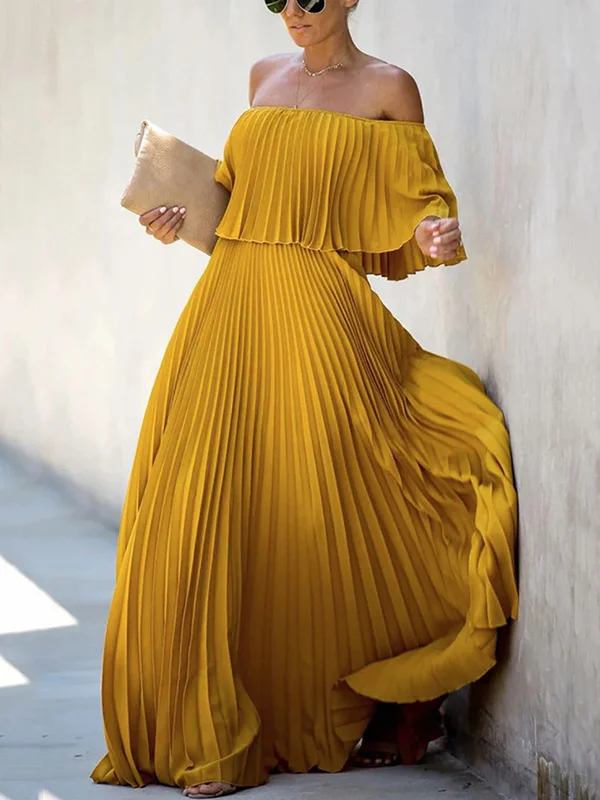 Roomy Pleated Pure Color Off-The-Shoulder Maxi Dresses