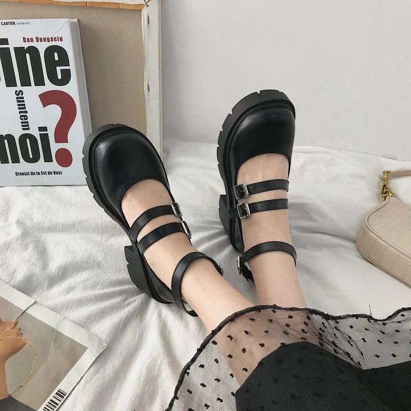 Back To School Women's Shoes Japanese Style Lolita Woman Vintage Soft High Heel Platform Leather College Student Mary Jane Girl Round Toe Black