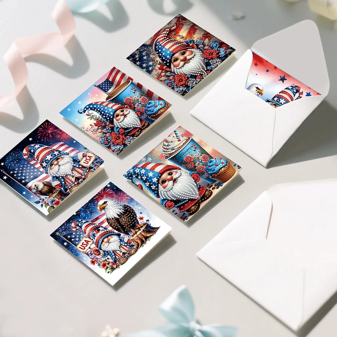 6pcs Independence Day Goblin DIY Diamond Painting Kit Greeting Card with Envelope Diamond Art Painting Greeting Cards for Family Friends Holiday Gift Congratulations