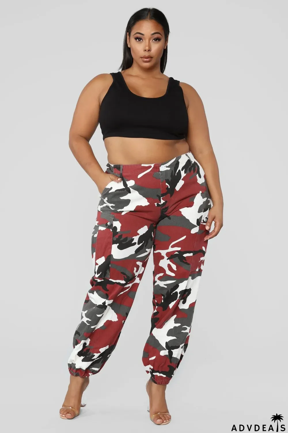 Spring High Waist Camou Cargo Pants with Belt