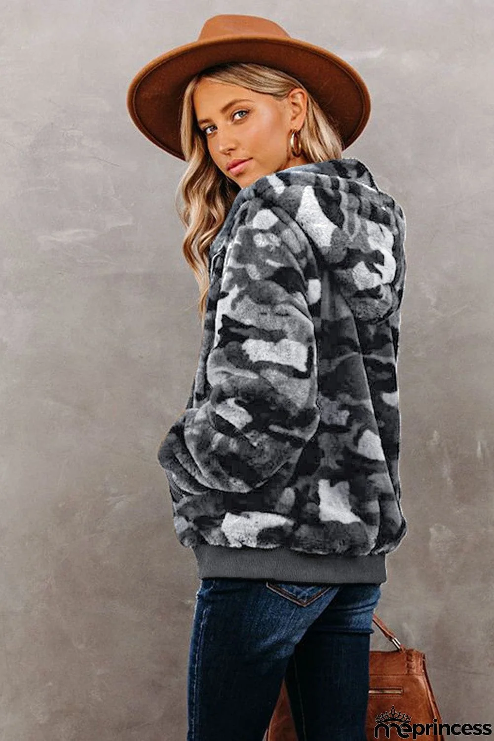 Camo Print Zipper Fleece Hooded Coat with Pockets