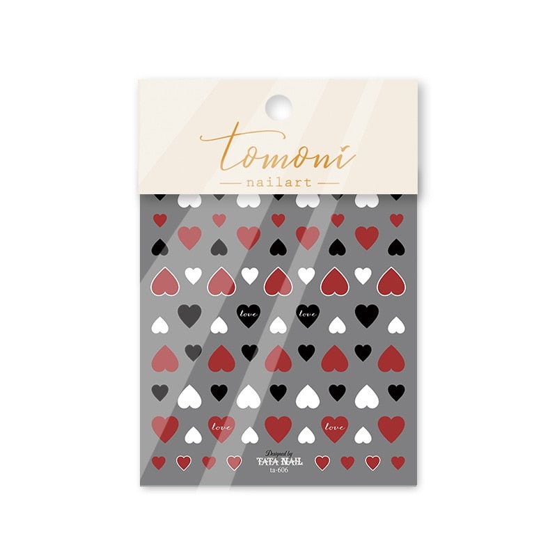 1PC 3D Design Nail Sticker Back Adhesive Engraved Decals Red/Black/White Color Mixed Love Heart for DIY Manicure Nail Decoration