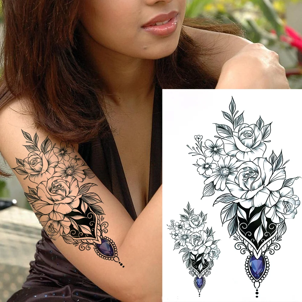 Sdrawing Lily Flower Temporary Tattoos For Women Adults Fake Lotus Orchid Dahlia Peony Tattoo Sticker Black Waterproof 3D Tatoos Arm