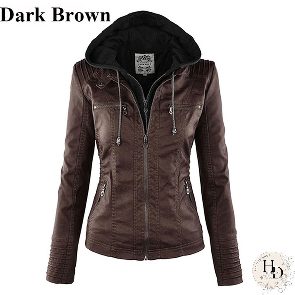 5 Color Women Fashion Long Sleeve Zipper Leather Jackets Removable Hooded Coat Ladies Plus Size Cool Motorcycle Coat Outwear