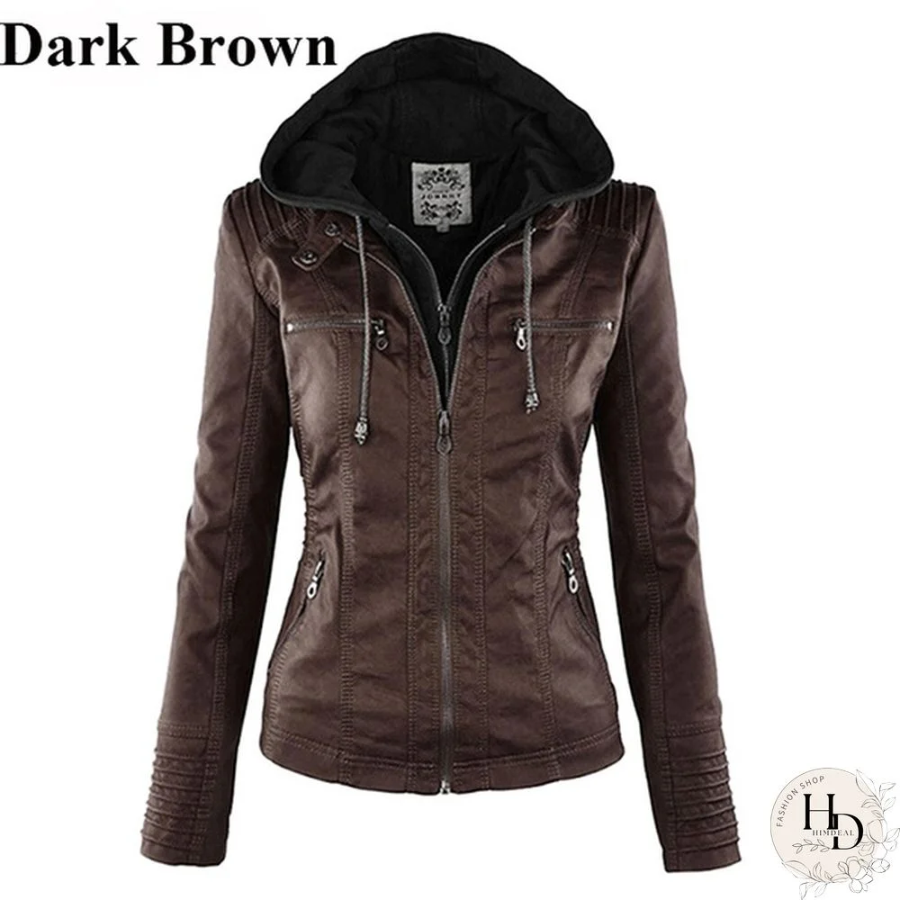 5 Color Women Fashion Long Sleeve Zipper Leather Jackets Removable Hooded Coat Ladies Plus Size Cool Motorcycle Coat Outwear