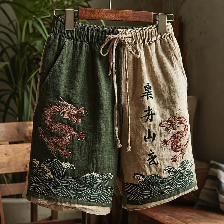 Men's Japanese Dragon Art Contrast Casual Linen Short Pants