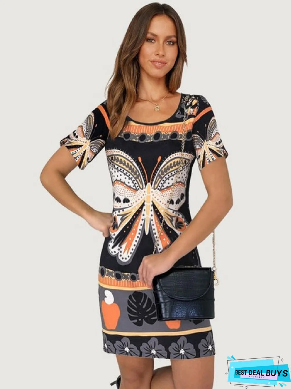 Butterfly Printed Round Neck Straight T-Shirt Dress