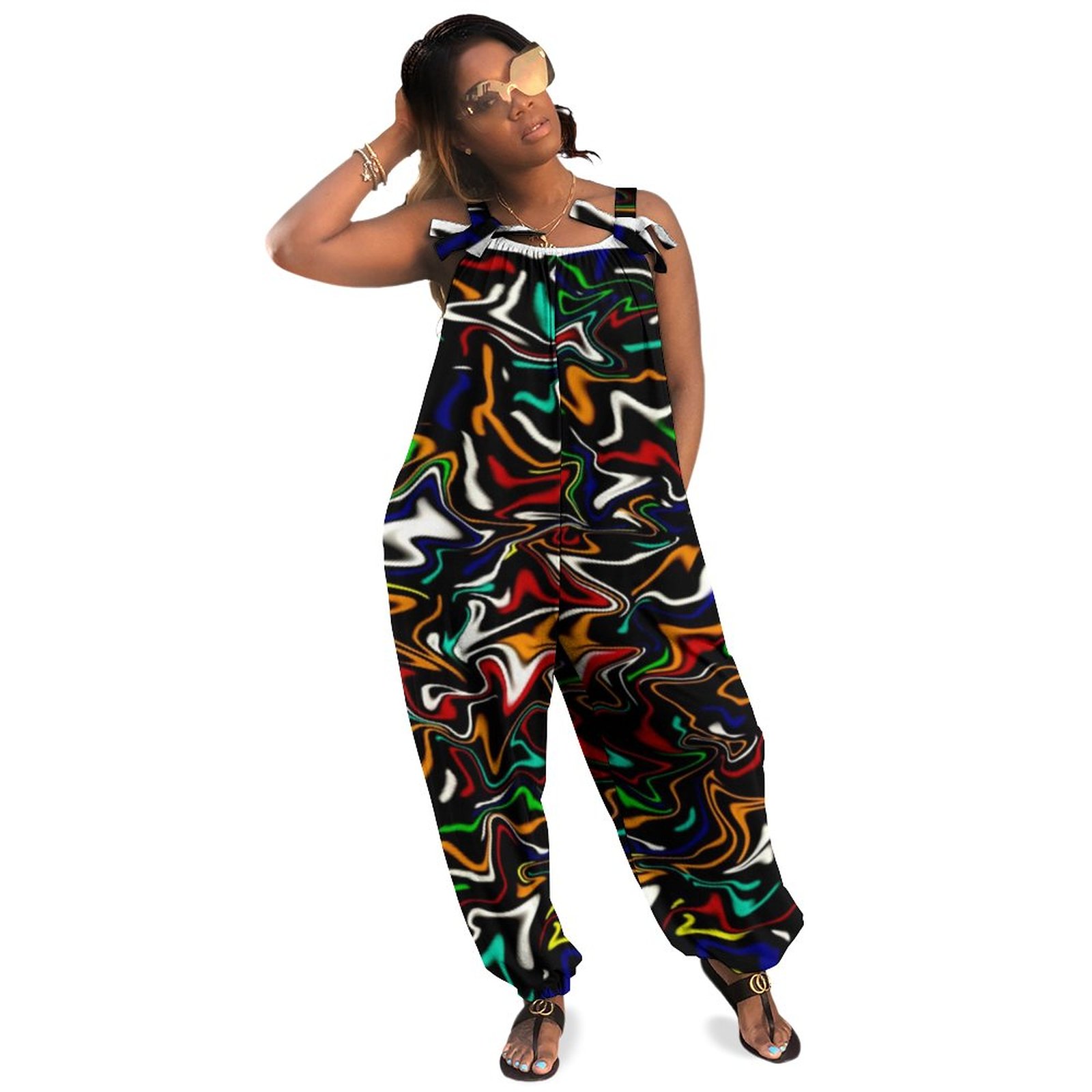 Neon Liquid Paint Pattern Women Plus Size Jumpsuit Summer Loose Harem Pants Spaghetti Strap Ribbed Jumpsuit Mesh Cocktail Attire Casual Pockets