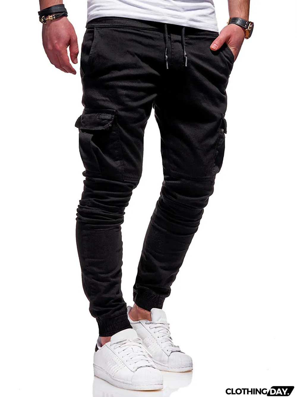 Fall/Winter Patch Pocket Tight Pants Tie Elastic Sports Slack Long Casual Pants Jogger Pants