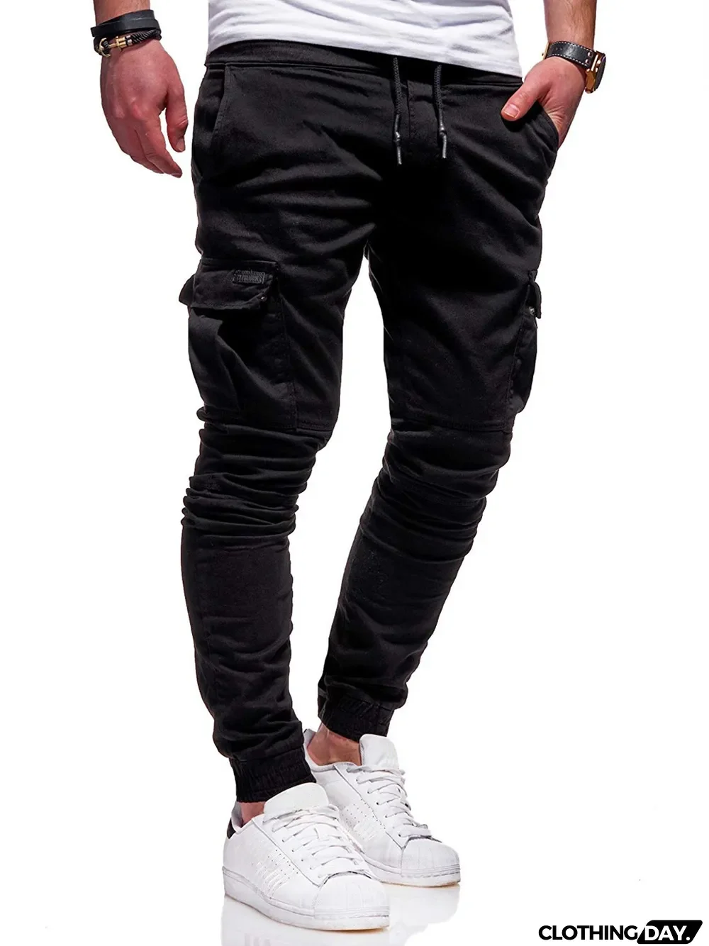Fall/Winter Patch Pocket Tight Pants Tie Elastic Sports Slack Long Casual Pants Jogger Pants