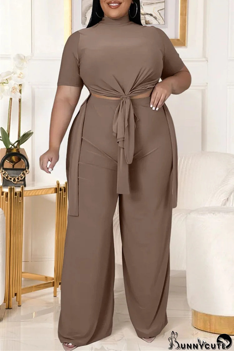 Brownness Fashion Casual Solid Bandage Slit Turtleneck Plus Size Two Pieces