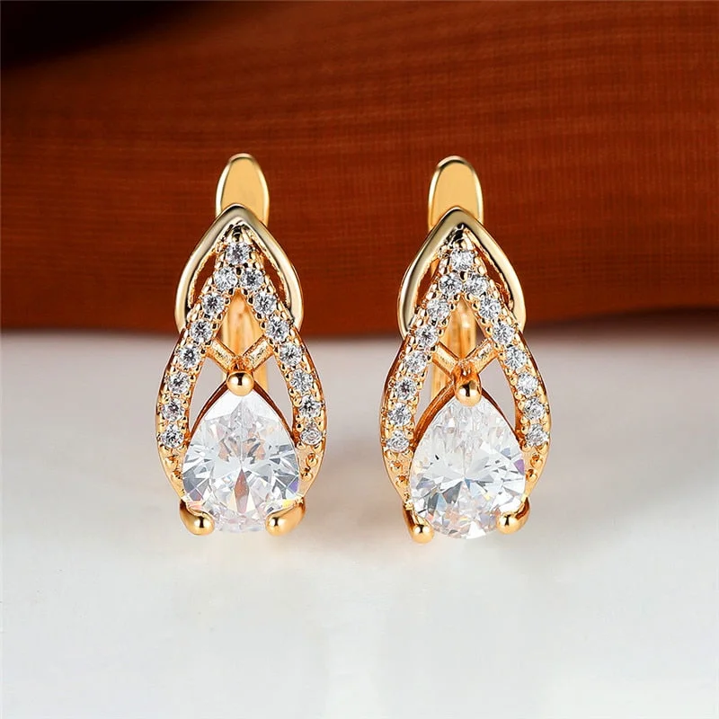 Luxury Female White Crystal Stone Earrings Classic Yellow Gold Color Clip Earrings Simple Bridal Wedding Earrings For Women