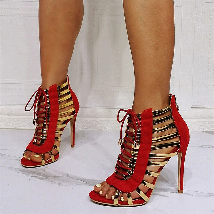 Red & Gold Peep Toe Cutout Lace Up Ankle Boots with Stiletto Heels |FSJ Shoes