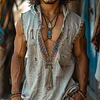 Retro Men's Ethnic V-Neck Sleeveless Linen Hoodie Casual Retro Tribal Top Bohemian Style Sleeveless Tank Top by Inlyline
