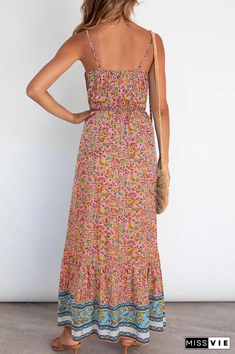 Fashion Elegant Print Split Joint Spaghetti Strap A Line Dresses