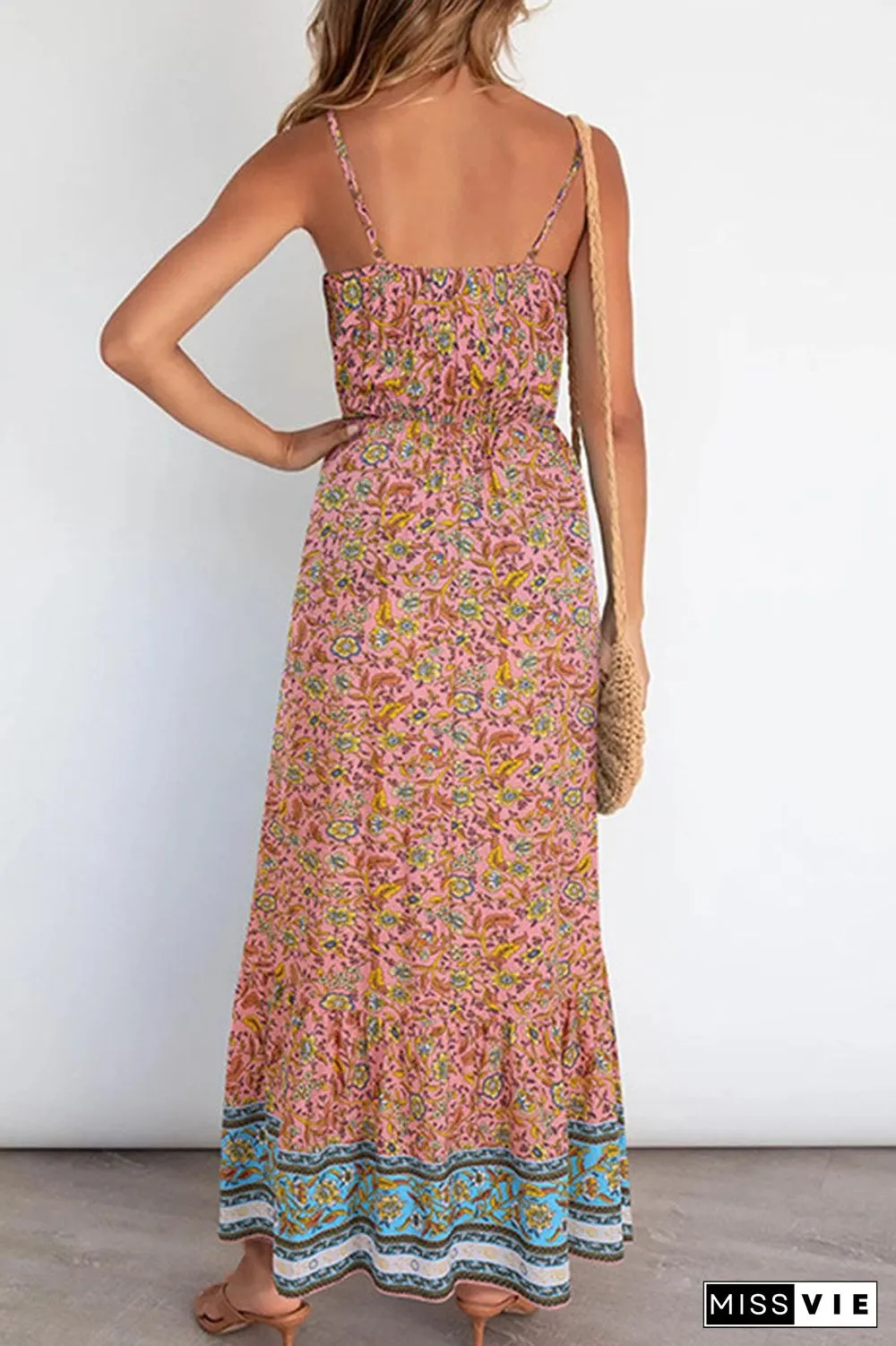 Fashion Elegant Print Split Joint Spaghetti Strap A Line Dresses