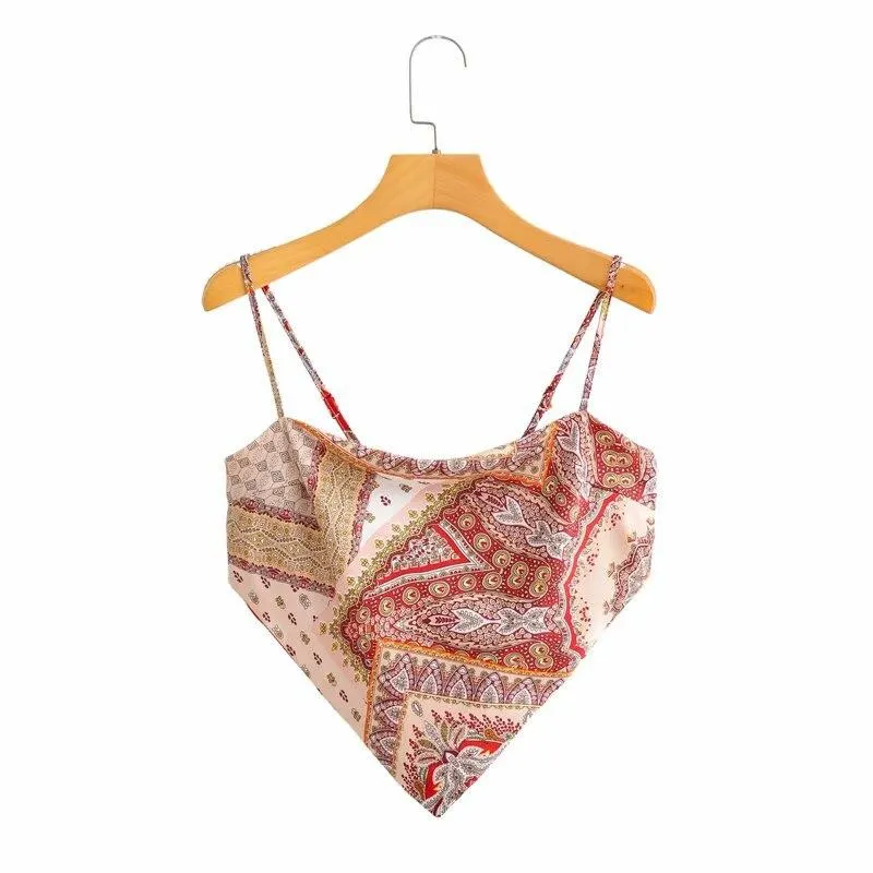 PUWD Casual Woman Slim Print Spaghetti Strap Satin Cropped Top 2021 Summer Sexy Ladies Beach Camisole Female Chic Backless Tanks