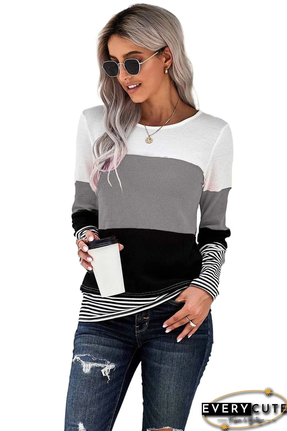 Gray Stylish Colorblock Splicing Stripes Top