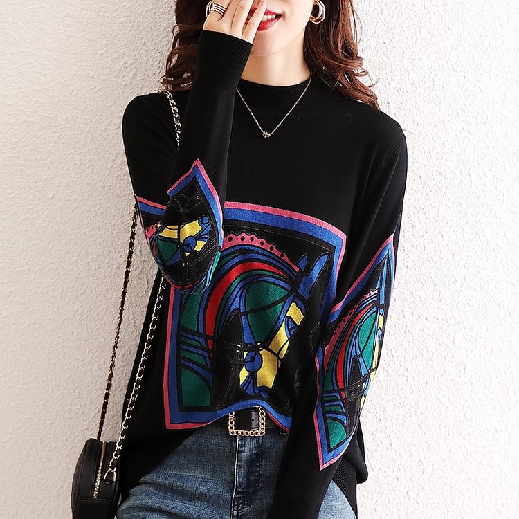 Black Long Sleeve Printed Sweater
