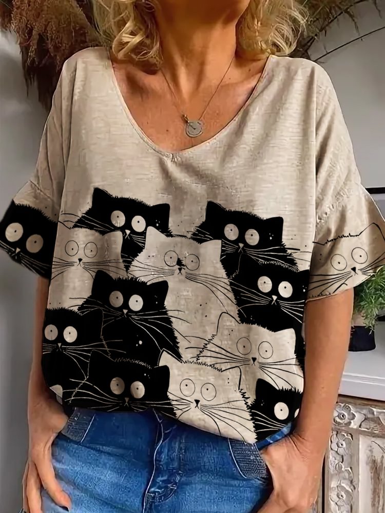 Women's V-Neck Cute Cat Painting Loose Short-Seeved T-shirt
