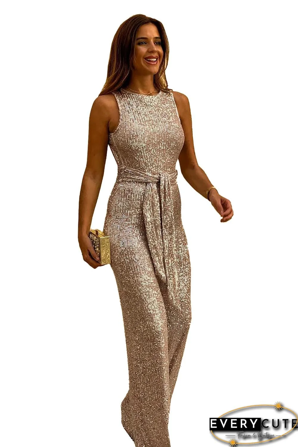 Gold Waist Tie Sleeveless Sexy Sequin Jumpsuit