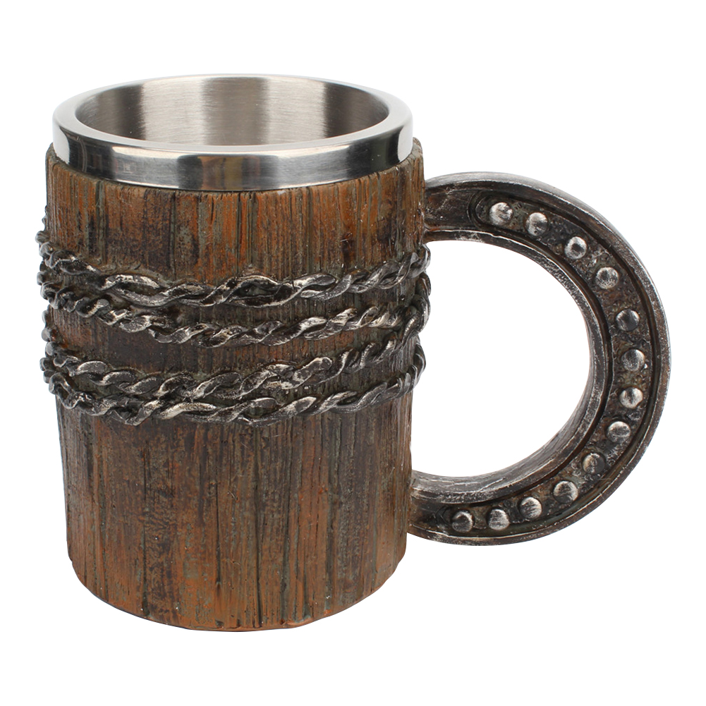 

Simulation Wooden Beer Mug Resin Horseshoe Handle Double-Layer Water Cup, 501 Original