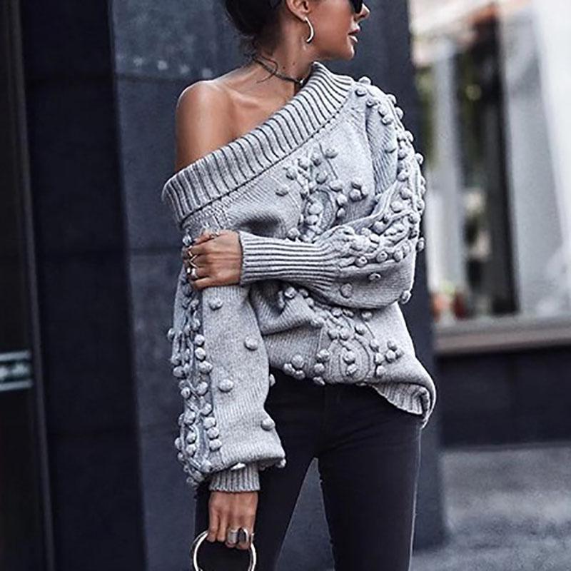 Women's Casual Pure Color Long Sleeve Single Off-Shoulder Sweater