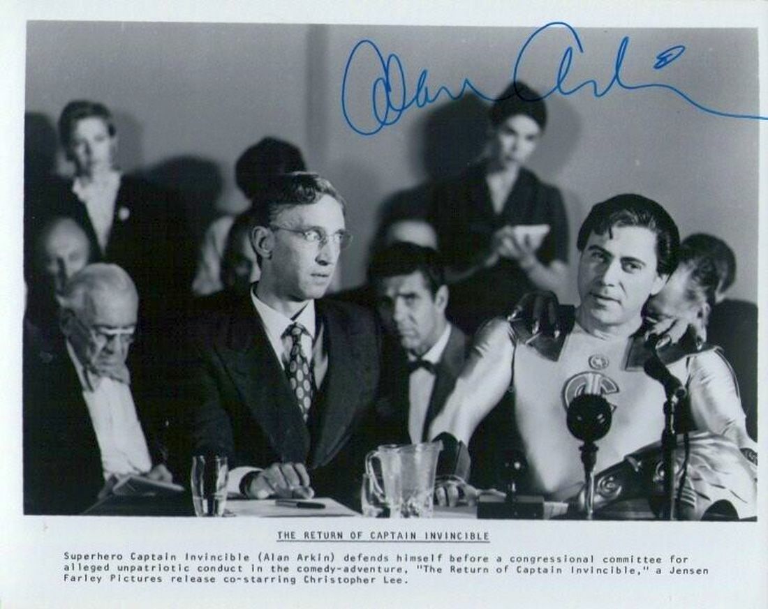 ALAN ARKIN, IN THE CULT FILM THE REURN OF CAPTAIN INVINCIBLE SIGNED 8X10 Photo Poster painting