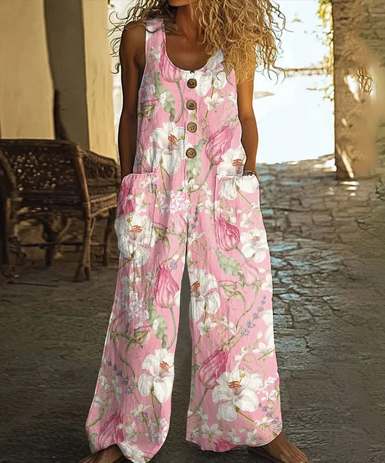 Vintage Floral Print Casual Wide-leg Jumpsuit
