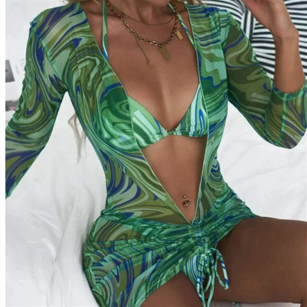 ANJAMANOR Sheer Mesh Print Long Sleeve Bodycon Dress Women Two Pieces Matching Sets Sexy Beach Outfits Vacation D85-BI14