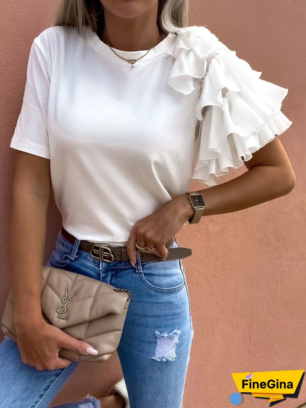 Women'S T-Shirts Solid Simple Ruffle Short Sleeve T-Shirt