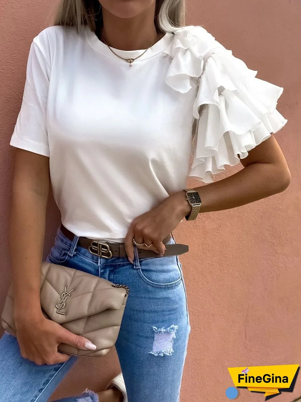 Women'S T-Shirts Solid Simple Ruffle Short Sleeve T-Shirt