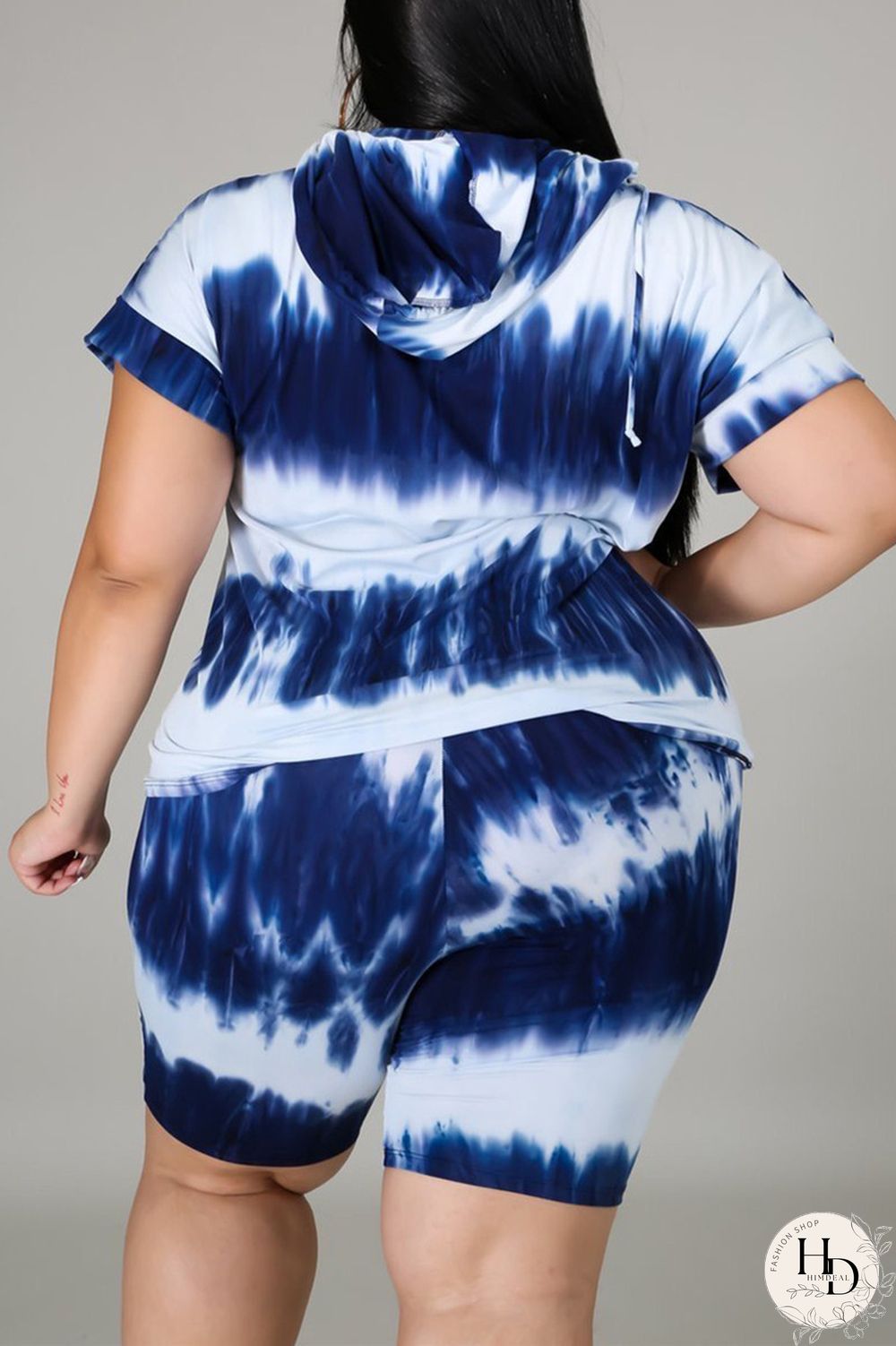 Blue Fashion Casual Print Tie-dye Hooded Collar Plus Size Two Pieces