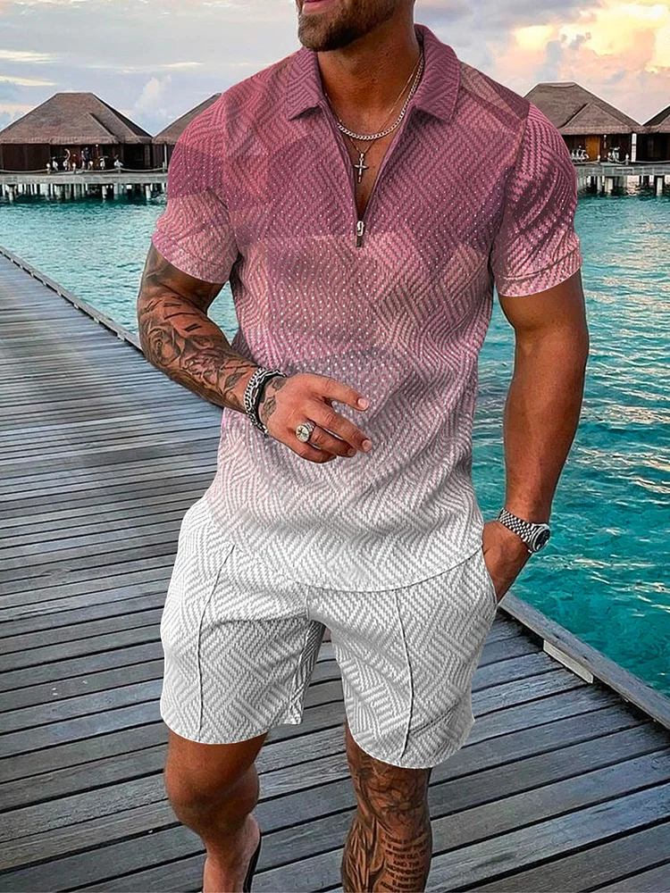 Men's Fashion Gradient Printing Polo Suit