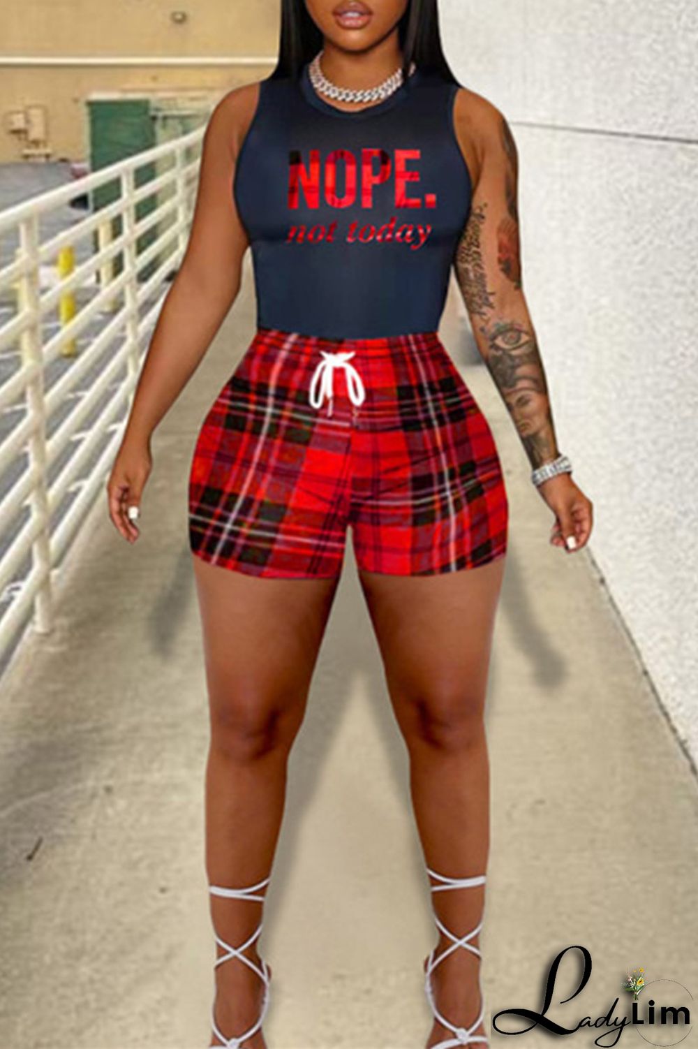 Red Fashion Casual Letter Print Basic O Neck Plus Size Two Pieces