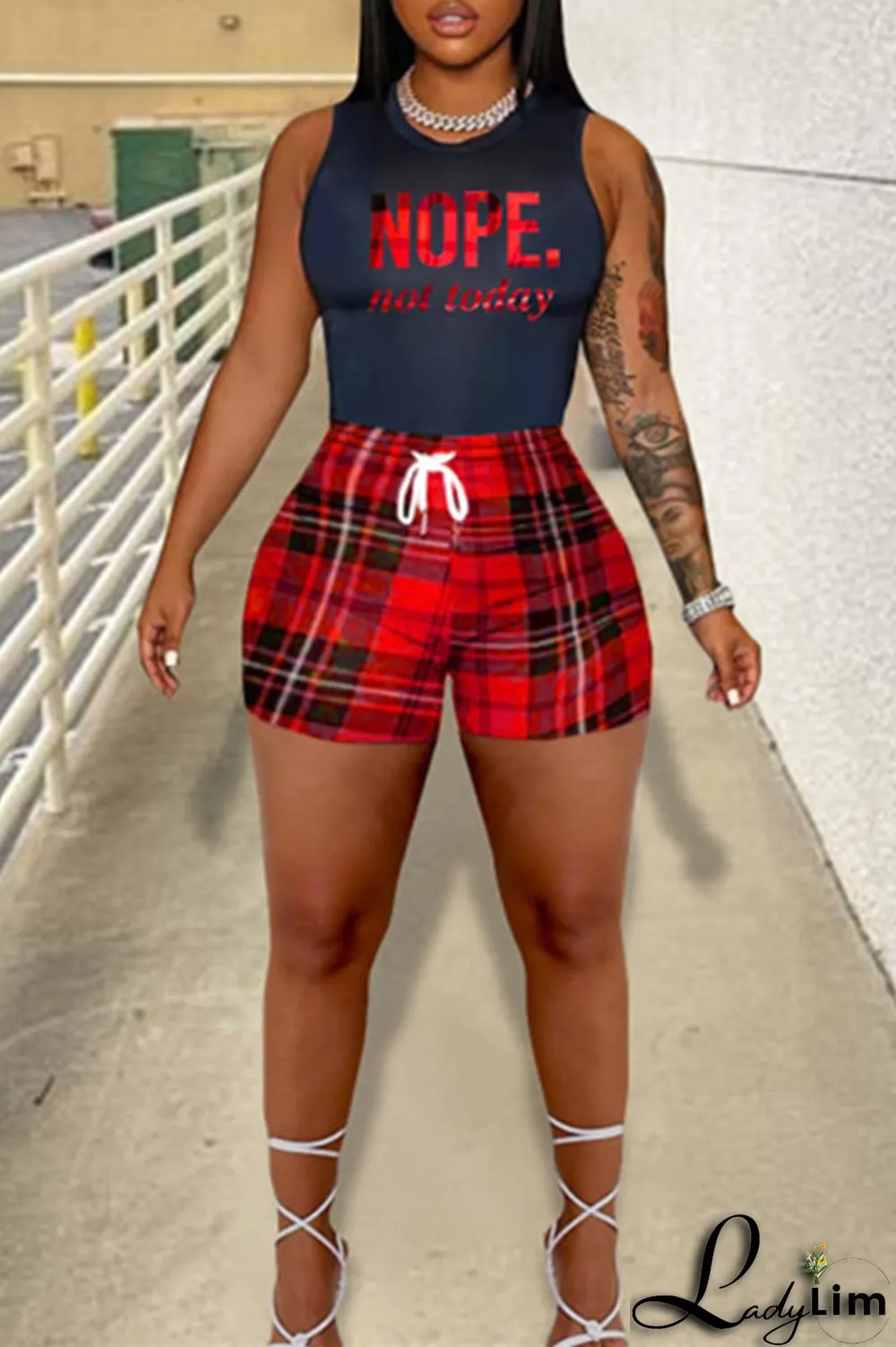 Red Fashion Casual Letter Print Basic O Neck Plus Size Two Pieces