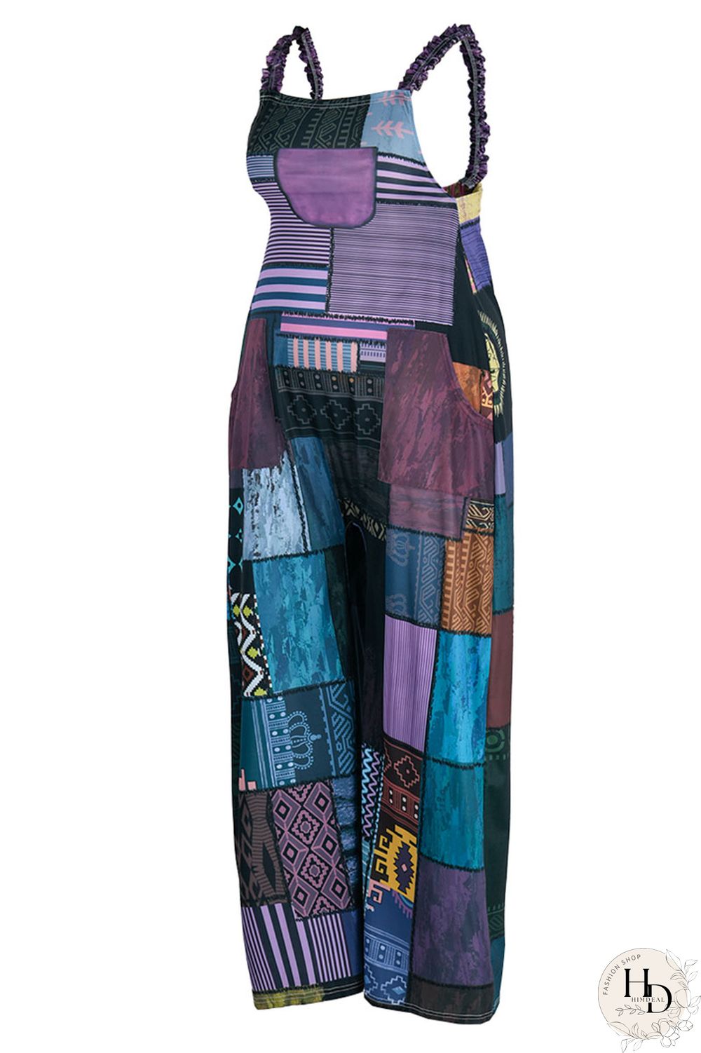 Blue Fashion Casual Street Print Patchwork Spaghetti Strap Loose Jumpsuits