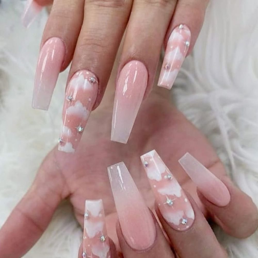 24Pcs Detachable Pink False Nails With White Clouds Design Fake Nails Long Coffin Ballerina Nail Tips Press On Nail with Glue 515