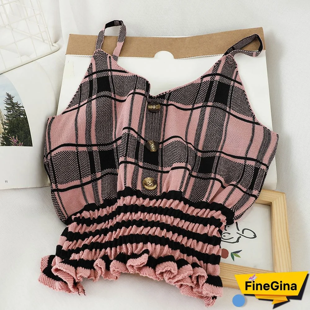 Pearl Diary Women Summer Knitting Camisole Plaid Spaghetti Strap Cropped Tops Buttons Front Smocked Hem Slim Fit Casual Tops