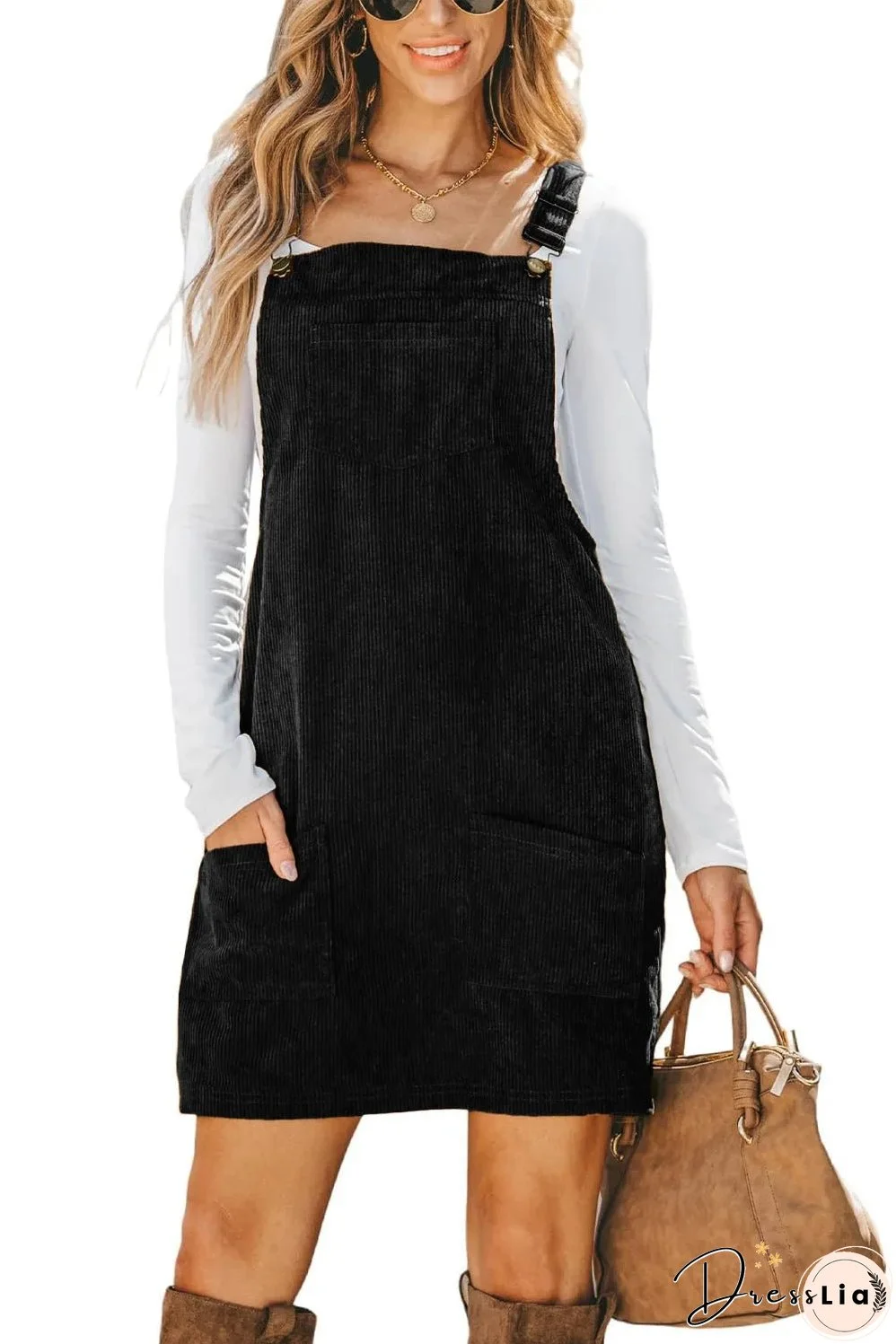 Black Solid Front Pockets Sleeveless Corduroy Overall Dress