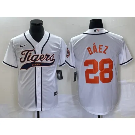 Men's Detroit Tigers #28 Javier Baez White Cool Base Stitched Baseball Jersey