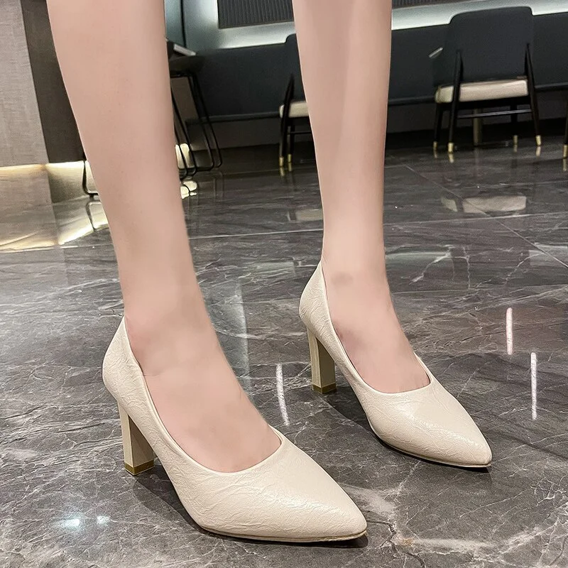 Qengg Spring Autumn New Soft Leather Solid Color Women's Shoes Pointed Toe Comfortable Shallow Mouth Fashion High-heeled Shoes