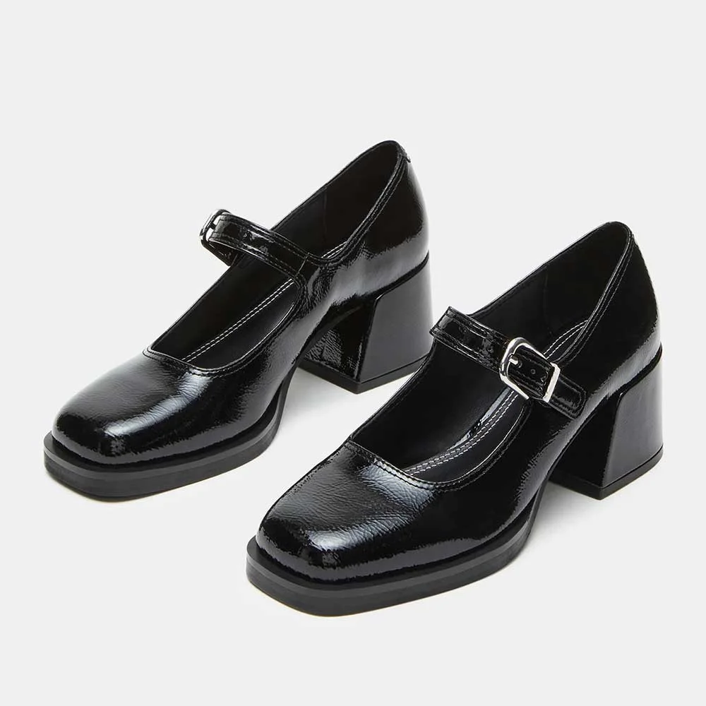 Black Square Toe Block Heel Platform Mary Jane Shoes for Women