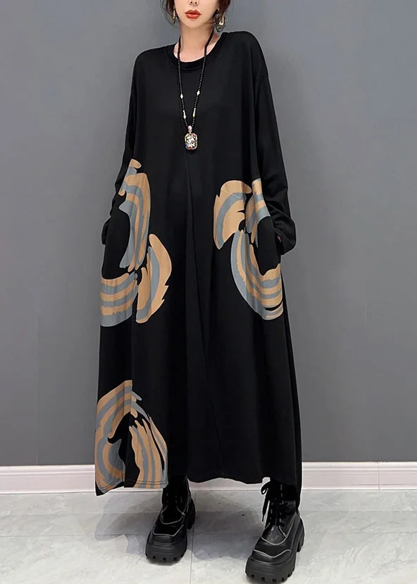 Plus Size Black O-Neck Print Maxi Dresses Spring