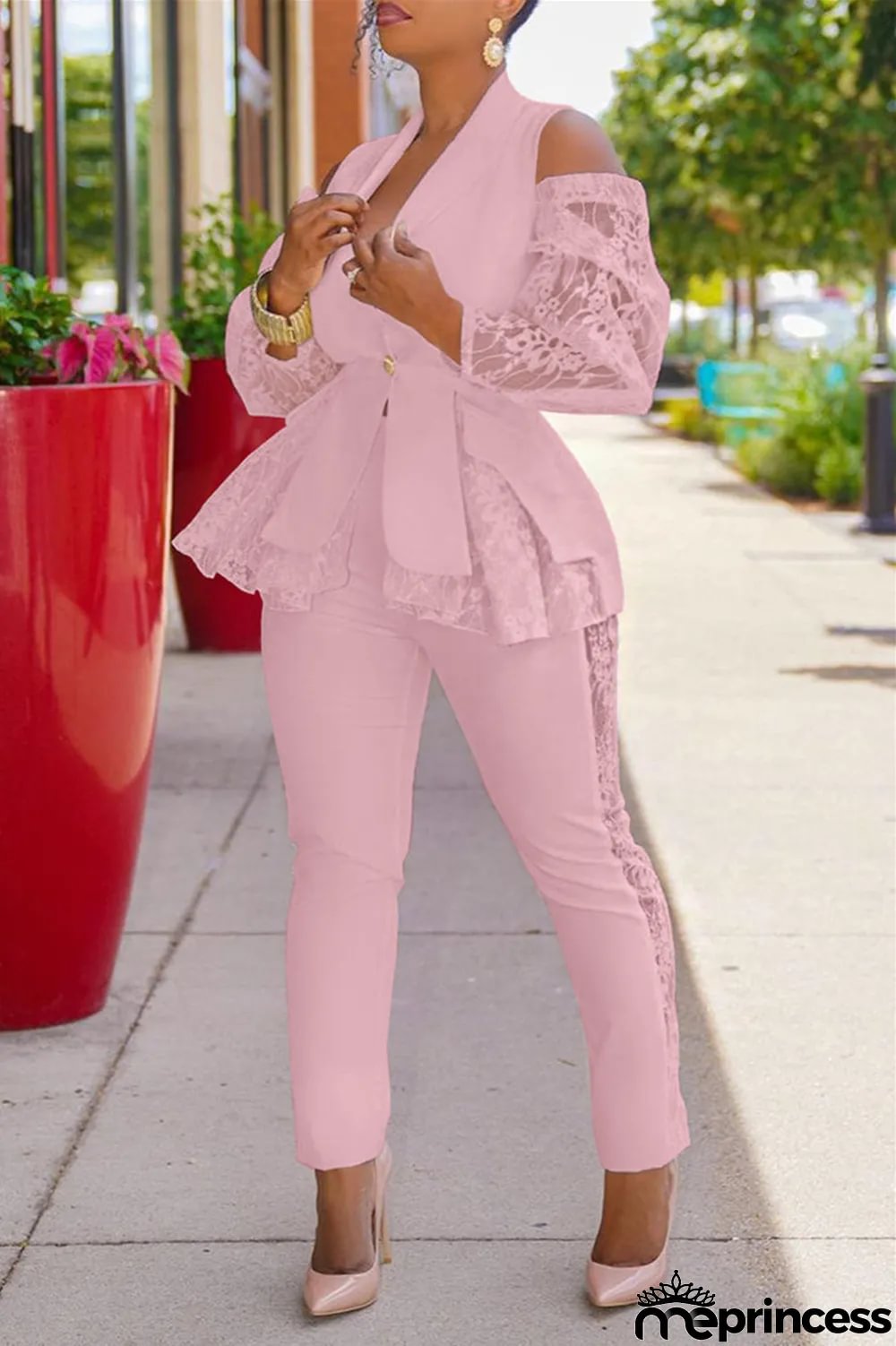 White Fashion Casual Patchwork Hollowed Out Turndown Collar Long Sleeve Two Pieces