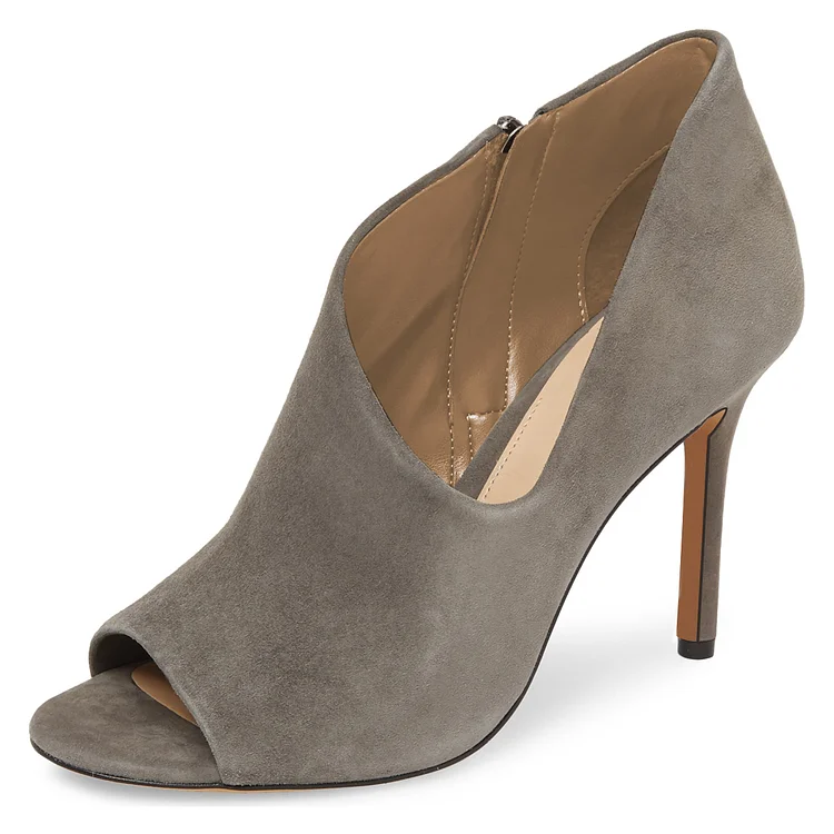 Grey Vegan Suede Peep Toe Booties Stiletto Heel Ankle Boots |FSJ Shoes