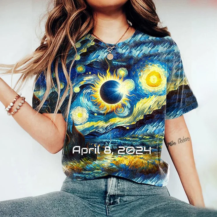 Comstylish Retro Starry Night & Solar Eclipse Of April 8, 2024 Print T-Shirt