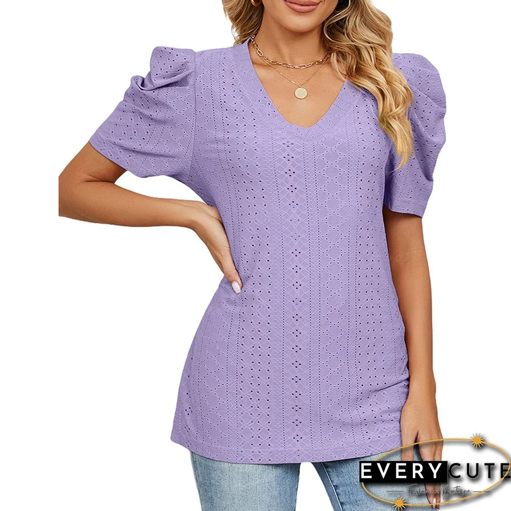 Purple Hollow-out V Neck Puff Sleeve Tops